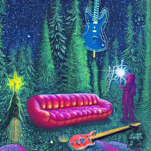 Prompt: psychedelic couch sofa in the pine forest, guitar, milky way, designed by moebius, rob gonsalves, gustav dore, giuseppe arcimboldo and carl barks, louis wain, trending on artstation, canada, star, sharp focus, colorful refracted sparkles and lines, soft light, 8 k 4 k