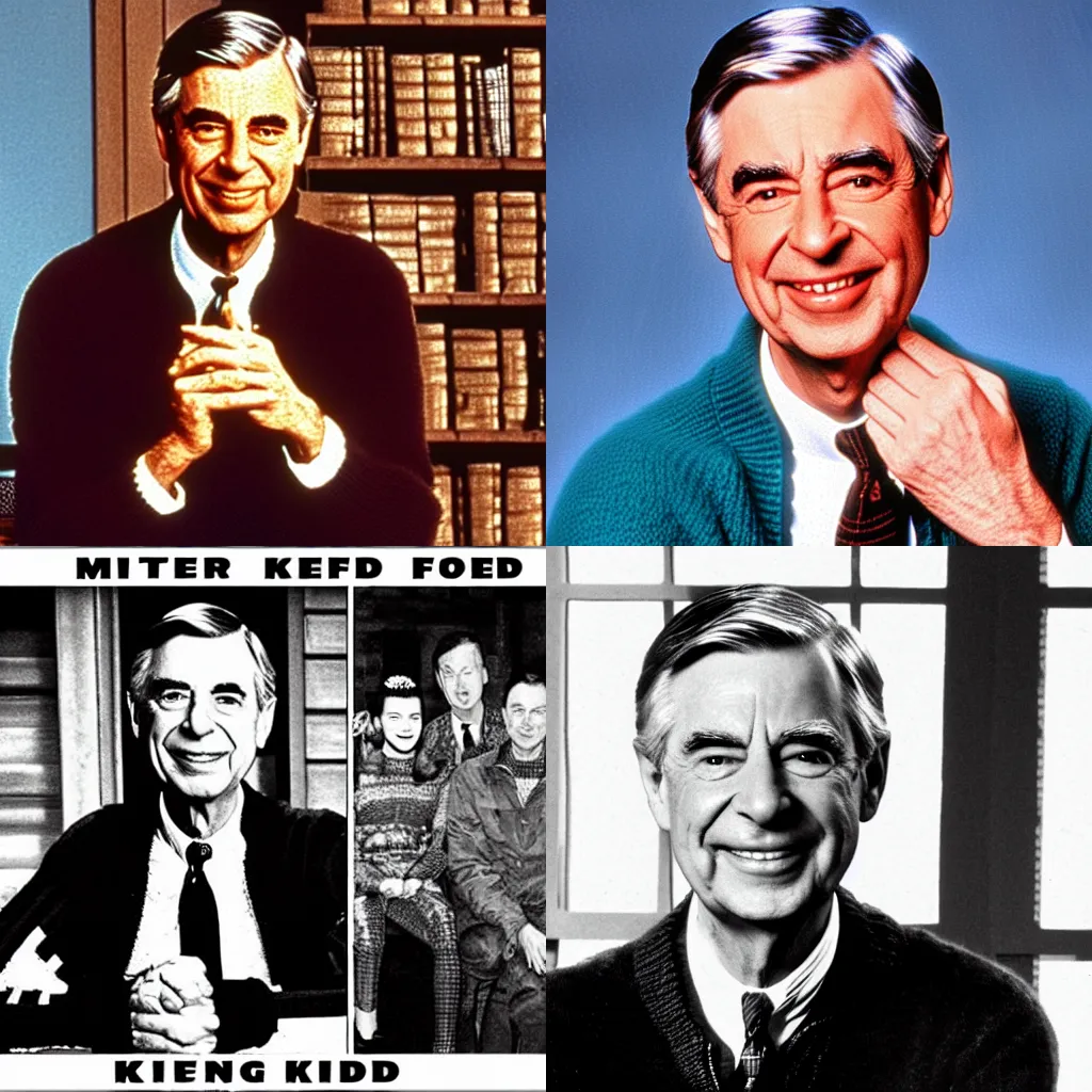 Prompt: mister rogers on kmfdm album art