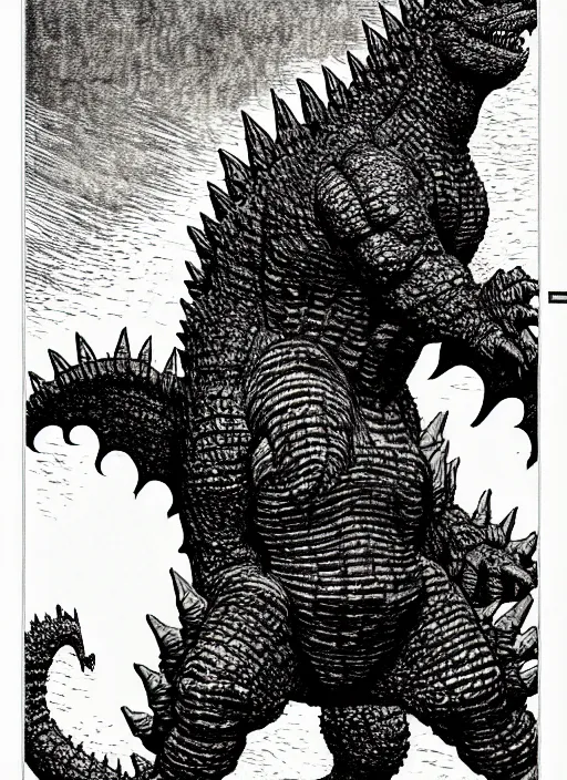 Image similar to godzilla as a d & d monster, full body, pen - and - ink illustration, etching, by russ nicholson, david a trampier, larry elmore, 1 9 8 1, hq scan, intricate details, stylized border