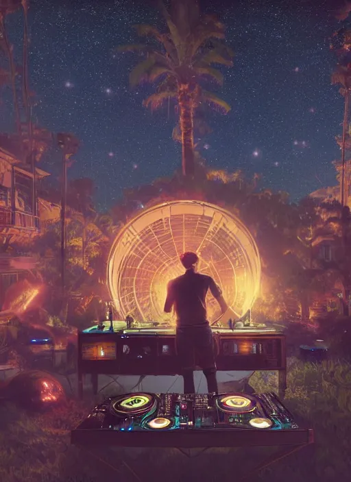 Image similar to A wide shot of a man djing at night under the stars, beautiful, digital art, artstation, hyperrealistic, 8k, unreal engine, octane render, trending on artstation, art by Artgerm and Greg Rutkowski and Alphonse Mucha