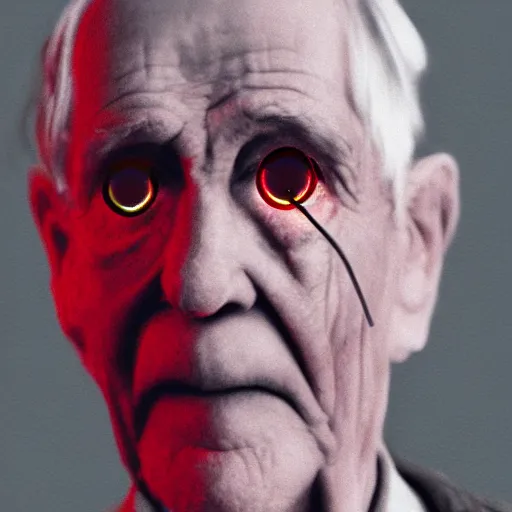 Image similar to an old man with glowing red eyes