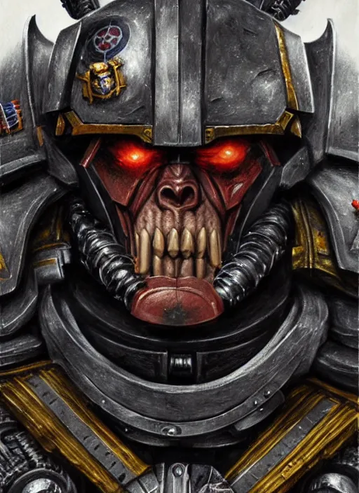 Image similar to portrait of willem dafoe as a space marine, intricate, warhammer, warhammer 4 0 k, highly detailed, digital painting, concept art, sharp focus, illustration, muted colors, grim dark, moody, gloomy, art by john blanche, by pedro nunez, by jaime martinez, by nacho molina