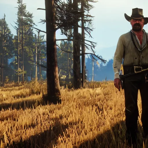 Image similar to Walter White as a character in Red Dead Redemption 2, forest during sunset, realistic screenshot