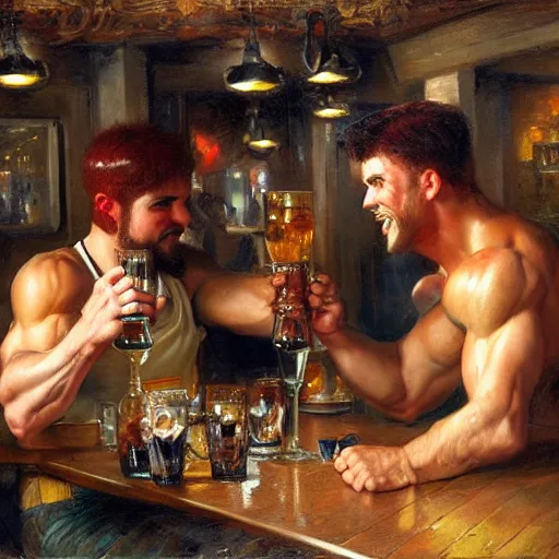 Image similar to attractive muscular male with red hair and attractive muscular male with black hair. pants and shorts, drinking their hearts out, having fun, in a pub. highly detailed and very defined painting by gaston bussiere, j. c. leyendecker, craig mullins 8 k