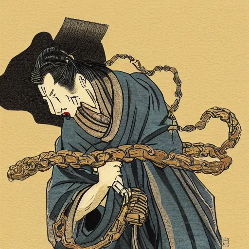 Image similar to by hokusai, samurai man vagabond, the samurai is wrapped in chains, detailed, editorial illustration, matte print, concept art, ink style, sketch, digital 2 d