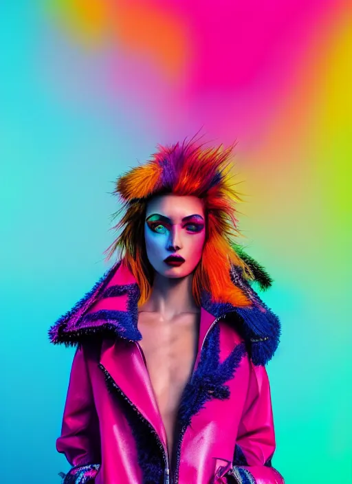 Prompt: coat for a rave, bright colors, many details, prints, photo for a magazine, photo for a store, fashion photography, Vogue, 135 mm, cinematic, hyper realism, high detail, octane render, 8k, chrome accents, very coherent symmetrical artwork, perfect face model