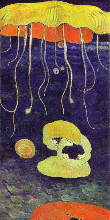 Image similar to black!! jellyfish in a vast ocean by paul gauguin, serene, calm, minimalist!!!