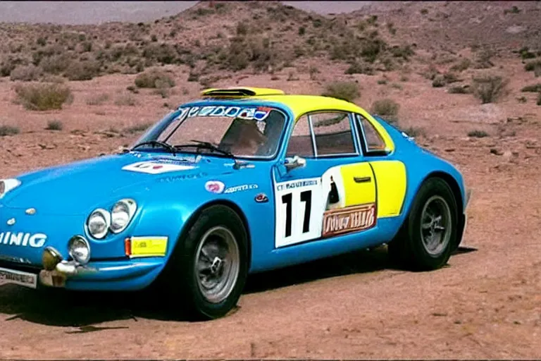 Prompt: 1 9 6 9 alpine a 1 1 0, dakar rally footage, speed, the thing
