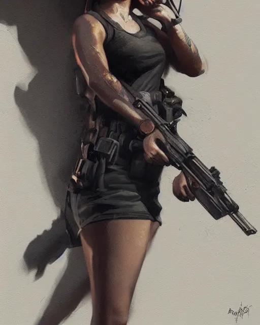 Image similar to Hyper realistic painting of a girl holding a gun, noir, hyper detailed, by greg rutkowski, trending on artstation