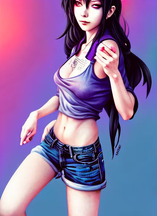 Image similar to a portrait of dilraba dilmurat as revy from black lagoon, smirk, black tank top, jean shorts, symmetrical eyes, symmetrical face, art by lois van baarle and loish and ross tran and rossdraws and sam yang and samdoesarts and artgerm, digital art, intricate, sharp focus, unreal engine 5