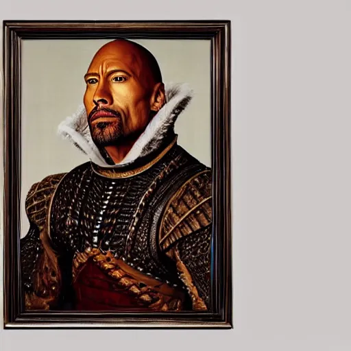 Image similar to a highly detailed portrait of dwayne johnson, wearing elegant tudor clothes, inside a room with thick red tapestries, oil painting by hans holbein and alessandro allori and richard burbage