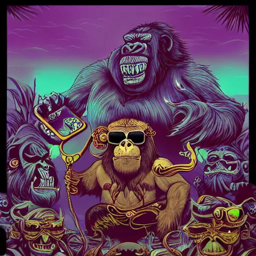 Prompt: barong family member in water pool party, viking bearded gorilla, wearing ray - ban sunglasses and headphones, wiwek, mara demon, dark, gorilla, tribals, inner glow, art by dan mumford and justin gerard