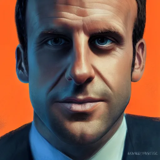 Image similar to digital art portrait of emmanuel macron with robot ears falling in the sun, 4k, sharp focus, Andreas Rocha