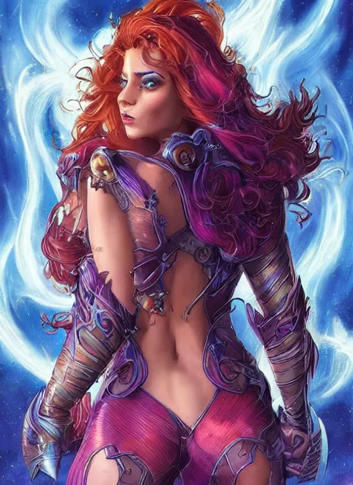 Image similar to front portrait hands behinds pose of attractive Starfire with ginger wavy hair, hands behind her pose!, Intricate overlay flames imagery , D&D!, fantasy style, sharp focus!, ultra detailed, art by Artgerm and Peter Andrew Jones, WLUP