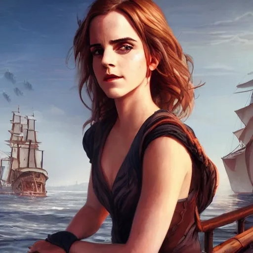 Prompt: sensual emma watson wearing as a captain, looking seductive, pirate ship in background, hyperrealistic, artgerm, greg rutkowski, artstation, highly detailed