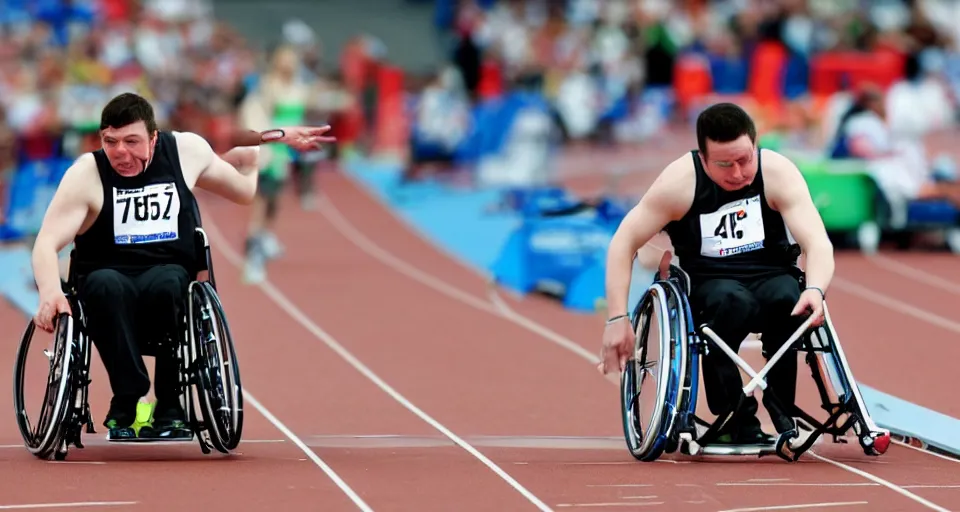 Prompt: man on a wheelchair competing in the 1 0 0 meter dash