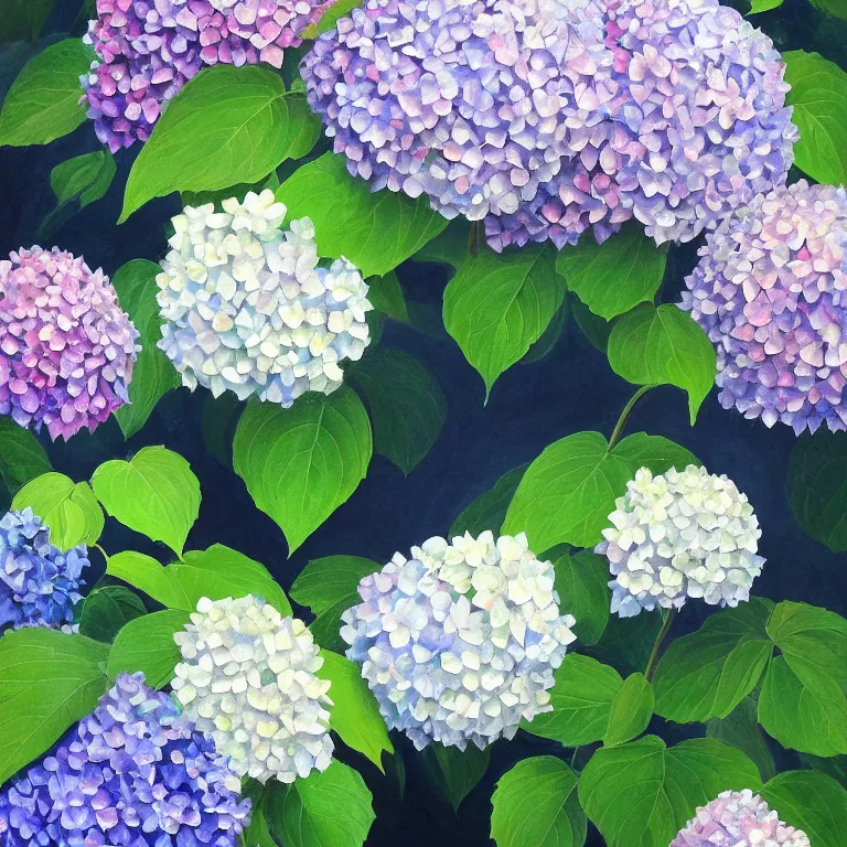 Image similar to a beautiful painting of hydrangea and mountain landscape, clematis theme logo, clematis theme banner, clematis design, clematis in the deep sea, clematis like stars in the sky, hydrangea, trending on artstation, warm light, lovely and cute, fantasy art, 8 k resolution, highly detailed