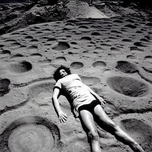 Image similar to a person laying in a huge crater. their body twisted unnaturally, spaceship wreckage in background. ap photograph 1 9 8 5