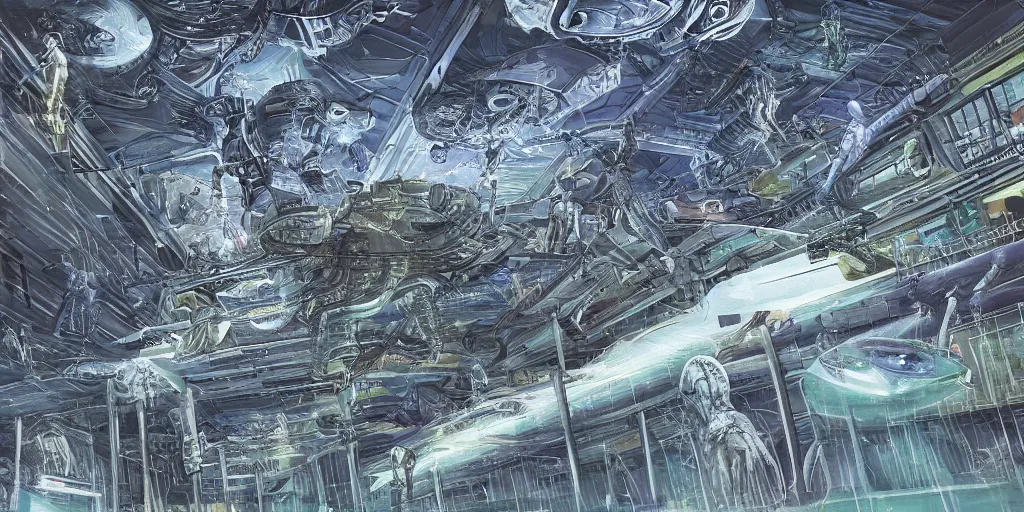 Image similar to sci - fi alien squad in wet cloaks, infiltrating on the ceiling of the mega - structure facility at midnight storm, lightning, hyper - detailed, art