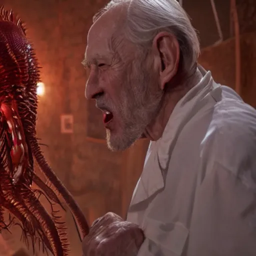 Prompt: hyper detailed creepy dimly lit filmic movie like wide shot color film 35mm photograph of a screaming 70-year-old caucasian scientist in a top secret lab with his arms being pulled and tangled by grotesque spiney alien worms