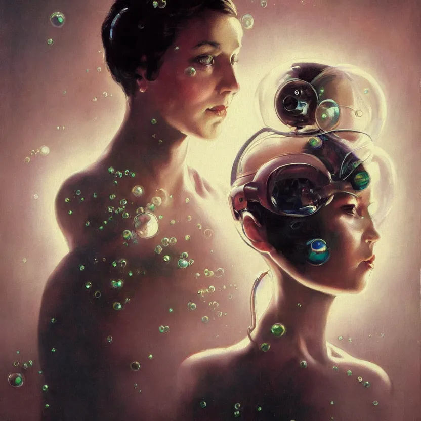 Prompt: portrait painting of a beautiful alien woman with big eyes, by norman rockwell. floating glowing bubbles. muted colors, soft gradients. dark background. trending on artstation. retrofuturism.