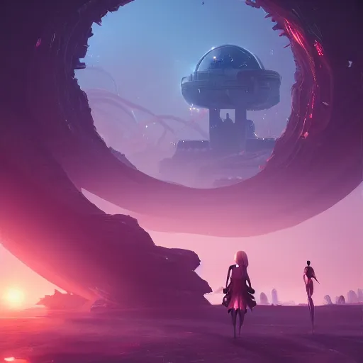 Image similar to beautiful landscape, nier automata, protoss temple, machine planet, pink sun, advanced technology, cinematic lighting, highly detailed, masterpiece, art by bastien grivet