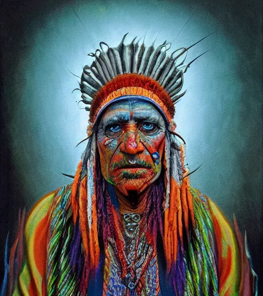 Image similar to Portrait painting in a style of Beksinski mixed with Alex Grey of an old shaman dressed in a colorful traditional clothes.