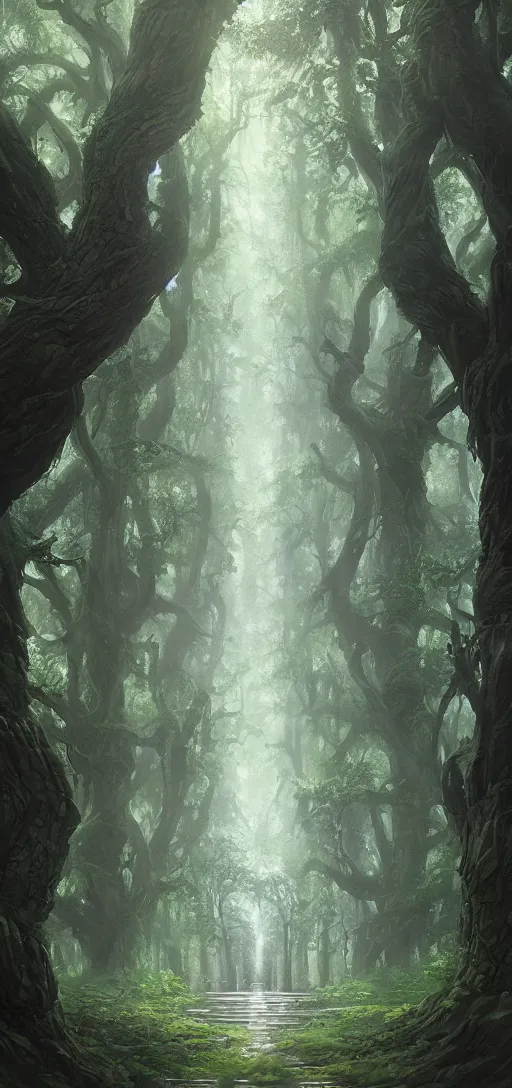 Image similar to A sacred grove, lush trees, a fantasy digital painting by Greg Rutkowski and James Gurney, trending on Artstation, highly detailed