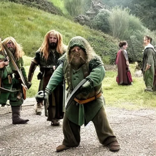 Prompt: Hobbit SWAT team