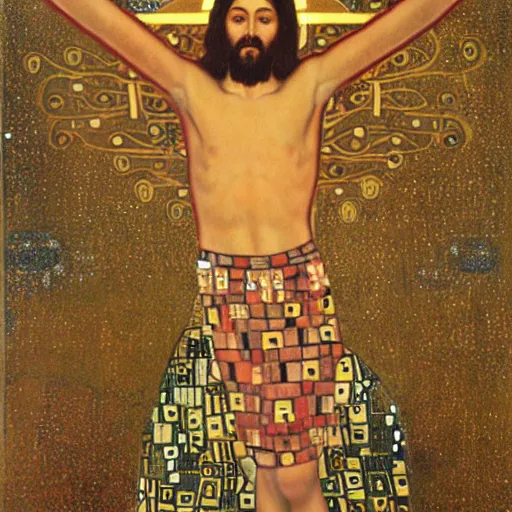 Image similar to Jesus Christ with open arms in the style of Klimt