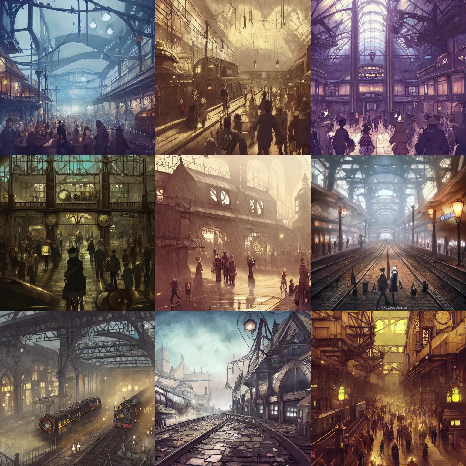 Prompt: dark steampunk giant steamtrain station, overwhelming busy crowds, Makoto Shinkai, anime, trending on ArtStation, digital art