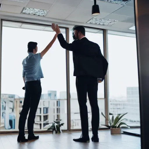 Image similar to photo of a young man waving goodbye to his coworker in office