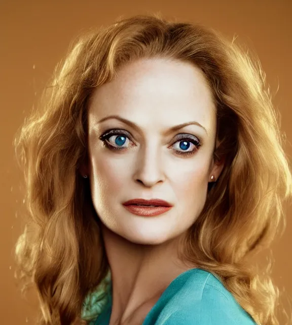 Prompt: beautiful portrait photo of Heather Graham, symmetric face, symmetric eyes, slight smile, photo by Annie Leibovitz, 85mm, teal studio backdrop, Getty images