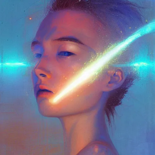 Prompt: 3 d, sci - fi, morning, sleepy fashion model face, sun, neon, cinematic, lightning clouds, vogue cover style, poster art, light orange and deep blue mood, realistic painting, intricate oil painting, high detail, figurative art, multiple exposure, poster art, 3 d, by tooth wu and wlop and beeple and greg rutkowski