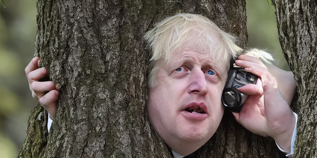 Prompt: extremely derpy looking boris johnson peeking out from behind a tree, trailcam footage