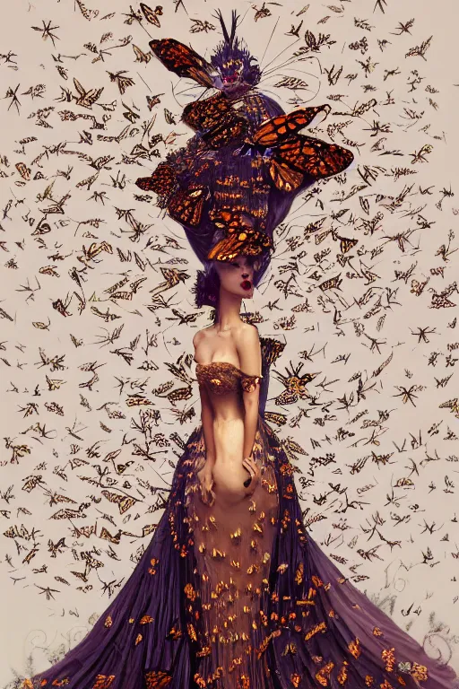 Prompt: beautiful woman wearing avant-garde gown made of monarch butterflies, Alexander McQueen gown, flower background, full body character concept art, editorial photo, cinematic color grading, hyperrealism, elegant, detailed, illustration, dramatic lighting, soft details, painting, by Edmund Blair Leighton, Brom, Charlie Bowater, trending on artstation, faces by otto schmidt