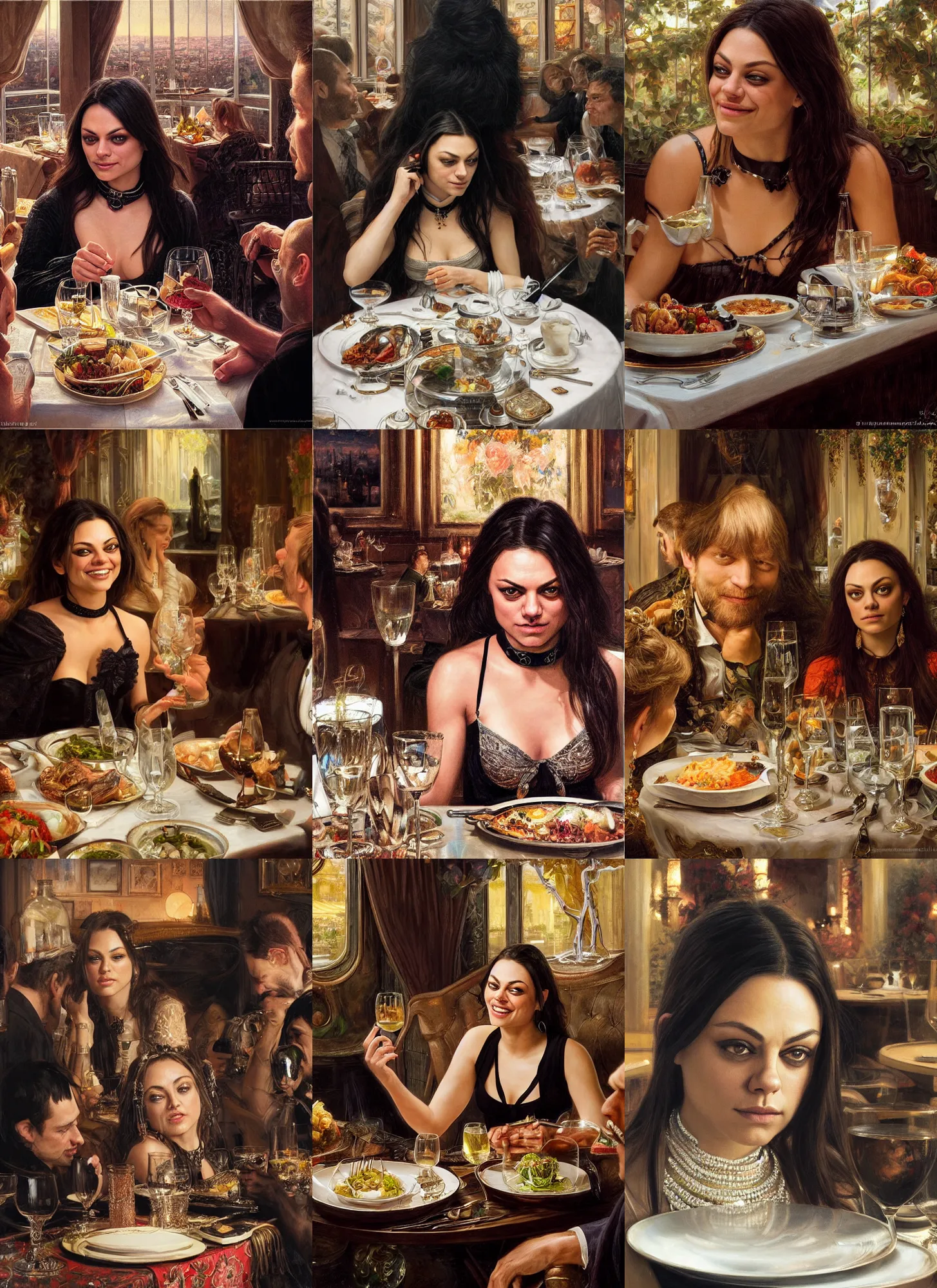 Image similar to dinner with mila kunis laughing sitting across the camera wearing a black choker staring into the camera in an expensive restaurant, point of view, intricate, elegant, tasteful, highly detailed, shallow depth of field, artgerm, donato giancola, joseph christian leyendecker