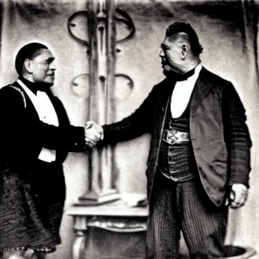 Image similar to a tattooed maori dignitary shakes hands with a 2 0 th century english caucasian industrialist, colorized 1 9 0 4 photo, kodak camera, historical event, credit the national archives of the united kingdom