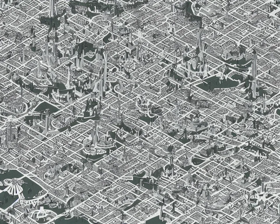 Image similar to theme park style isometric map of Washington, D.C. by Hasui Kawase and Lyonel Feininger