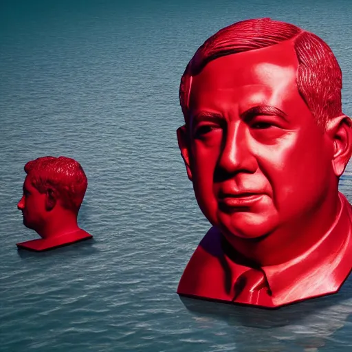 Prompt: a sculpture made out red jelly in the sea of a giant benjamin netanyahu head, long shot, hyper detailed, hyper realistic, ray tracing, 8 k resolution, sharp focus, realistic water, award winning