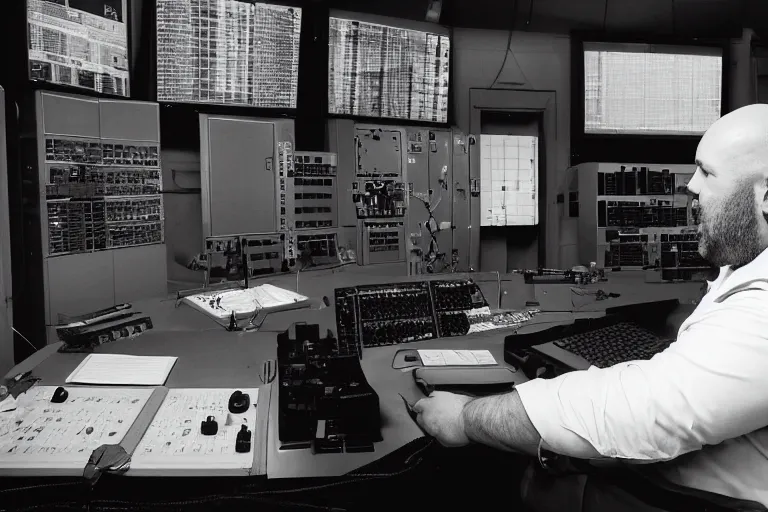 Image similar to heavyset bald man wearing a white shortsleeved shirt and blue jeans working in a nuclear silo control room by Emmanuel Lubezki