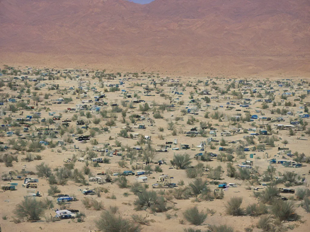 Image similar to landscape, bird view, large Trailer park in the desert near the oasis with a reservoir and rednecks, painting by Alison Elizabeth Taylor