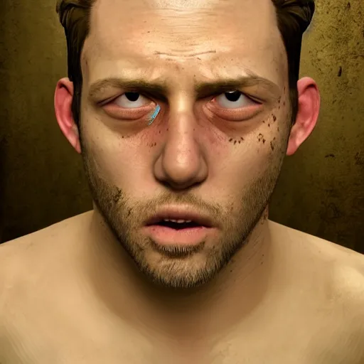 Image similar to film still photo portrait mugshot of a wasted guy in jojo who is wasted and blasted, realistic, hyperrealistic, 8 k resolution, hd quality, very detailed, highly detailed, intricate details, real life, real world, trending on artstation, digital art, really realistic, very realistic, headshot, head in frame, photograph, portrait, mugshot