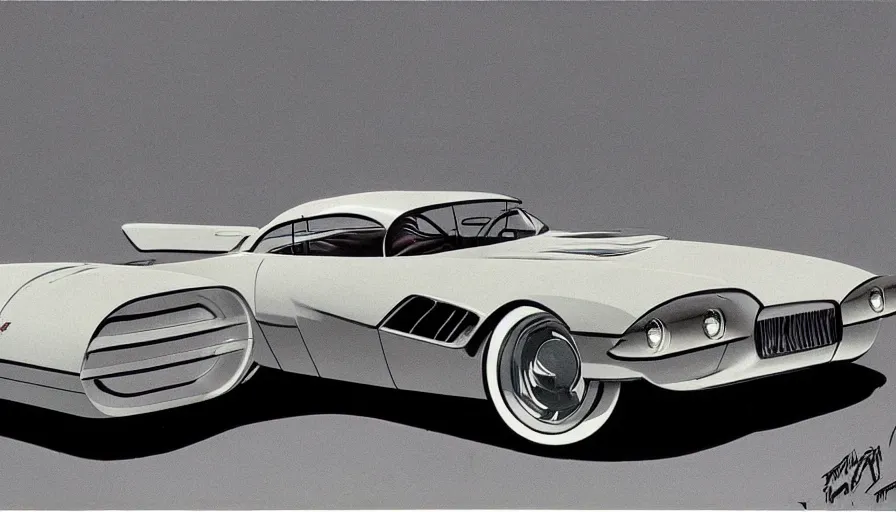Prompt: 1955 Pontiac Firebird concept as drawn by Syd Mead
