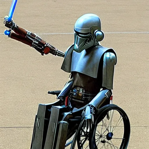 Image similar to General Grievous in a wheelchair with 4 lightsabers, photo from star wars the prequel,