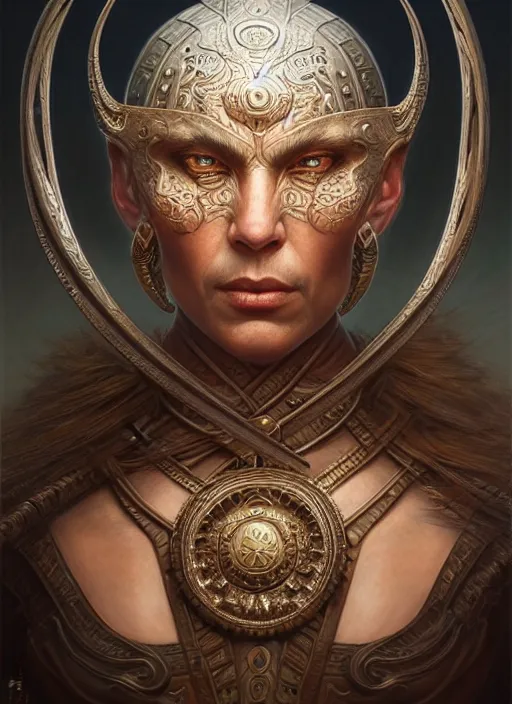 Image similar to portrait shot of an ancient warrior, intricate, elegant, highly detailed, centered, digital painting, artstation, concept art, smooth, sharp focus, illustration, artgerm, tomasz alen kopera, peter mohrbacher, donato giancola, joseph christian leyendecker, wlop, boris vallejo