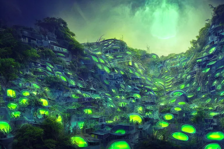 Prompt: futuristic foliage overgrowing favela bioluminescence fungus hive, art nouveau environment, award winning art, epic dreamlike fantasy landscape, ultra realistic,