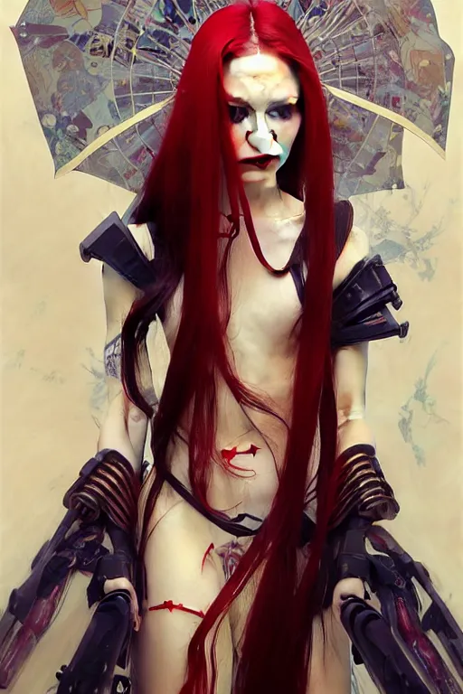 Image similar to > professional dynamtic portrait of a single agile geisha cyberpunk style in a dynamic pose , armor elements , long red hair, beautiful bone structure, symmetrical facial features, intricate, elegant, digital painting, concept art, smooth, sharp focus, illustration, by Ruan Jia and Mandy Jurgens , and mucha, and Artgerm and William-Adolphe Bouguerea