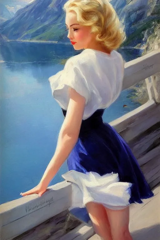 Prompt: 1950s beautiful!!! blonde looking over a Norwegian fjord, aesthetic!!! painting by Vladimir Volegov