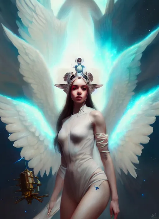 Image similar to portrait of beautiful angel girl with white wings in space, godlike, heavenly, 3 d render, hyper realistic detailed, scifi, fantasy, octane render, concept art, peter mohrbacher, artgerm, ruan jia, wlop, cyberpunk, dynamic lighting, detailed body, detailed face